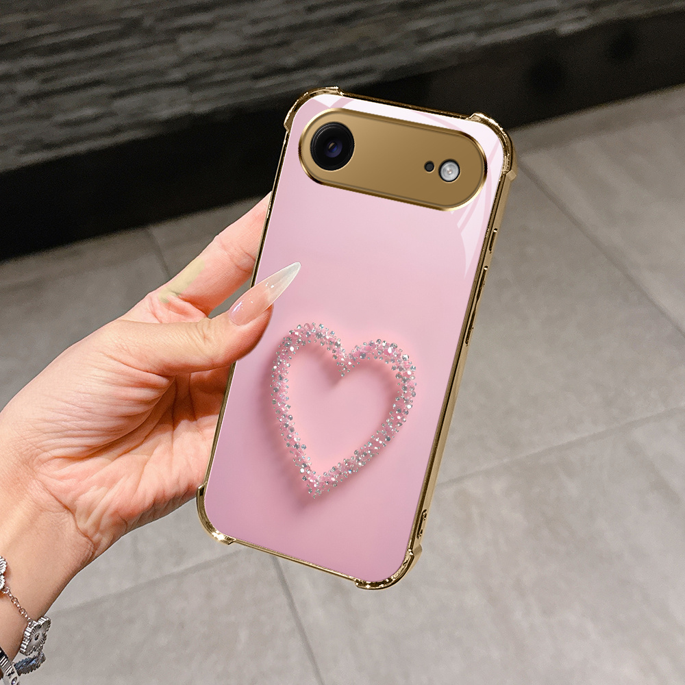 TEMU Phone Case - Soft-, Drop-resistant Electroplated Golden And Phone Case Cover Featuring A Sparkle Heart Outline Design For Iphone Air/17air 17