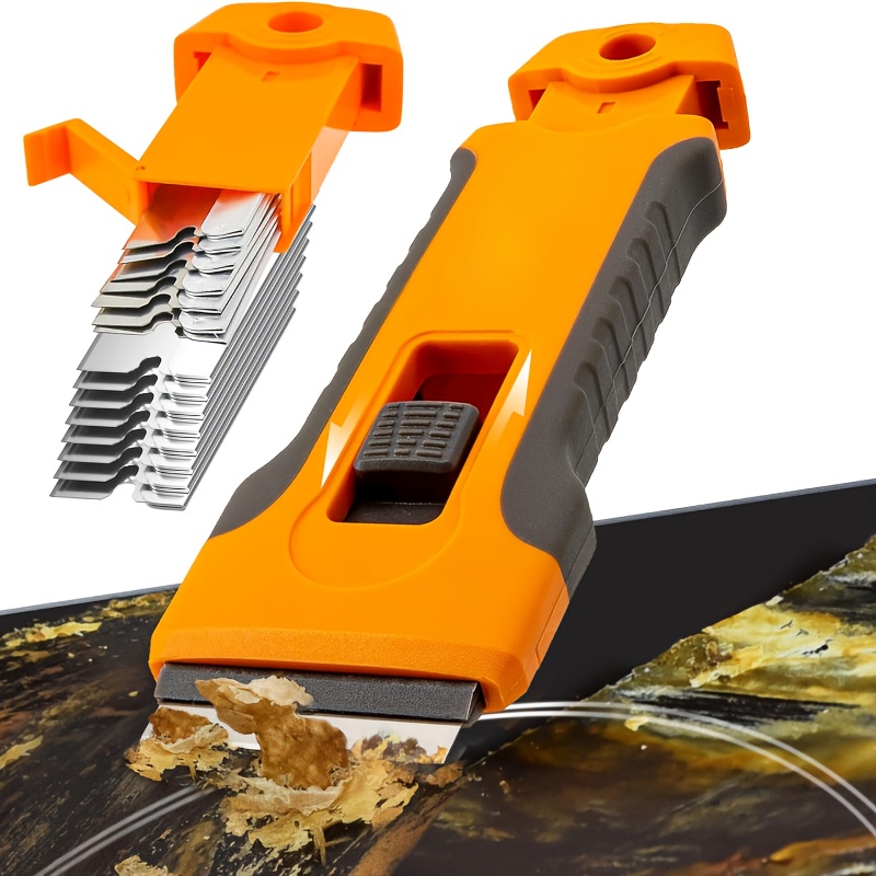 Herramienta de Limpieza Multifuncional con 10 Cabezales Intercambiables; Diseño de Empuñadura Naranja Ideal para Raspar Pintura, Construcción Antideslizante Perfecta para Eliminar Grasa de Cocina, Residuos de Comida y Limpiar Juntas de Azulejos. Incluye Cuchillas Reemplazables, Convirtiéndola en un