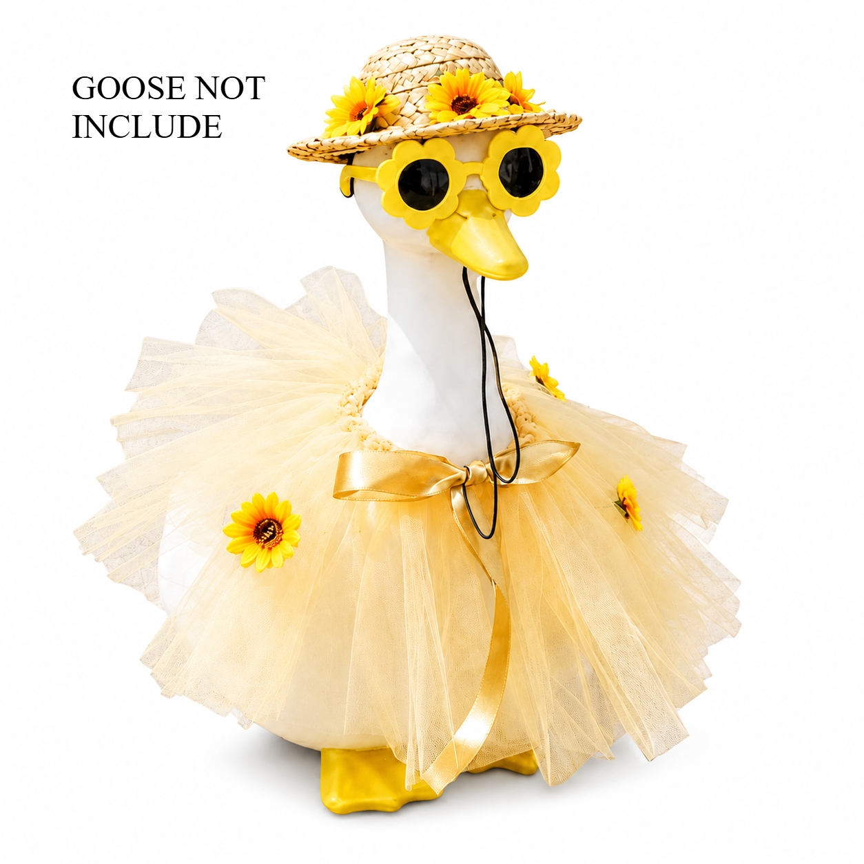TEMU Figurines , ensemble de tenue de statue de oie de 58 cm avec robe en tulle , chapeau de paille et lunettes de soleil à fleurs pour la décoration
