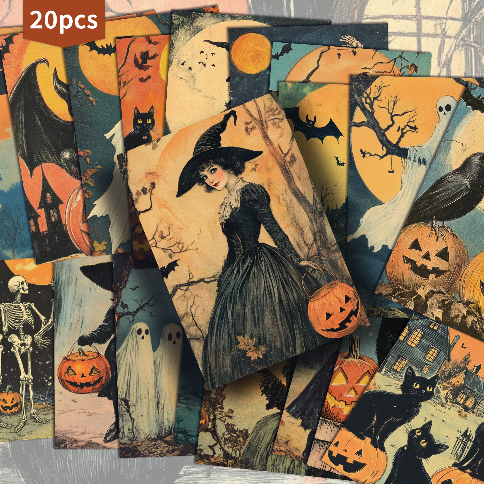 TEMU 20 Pack Vintage Halloween And Black Cat Paper Postcards - 4x6 Inches Vintage Junk Journal Paper, Classic Pinup Illustrations, Collectible
