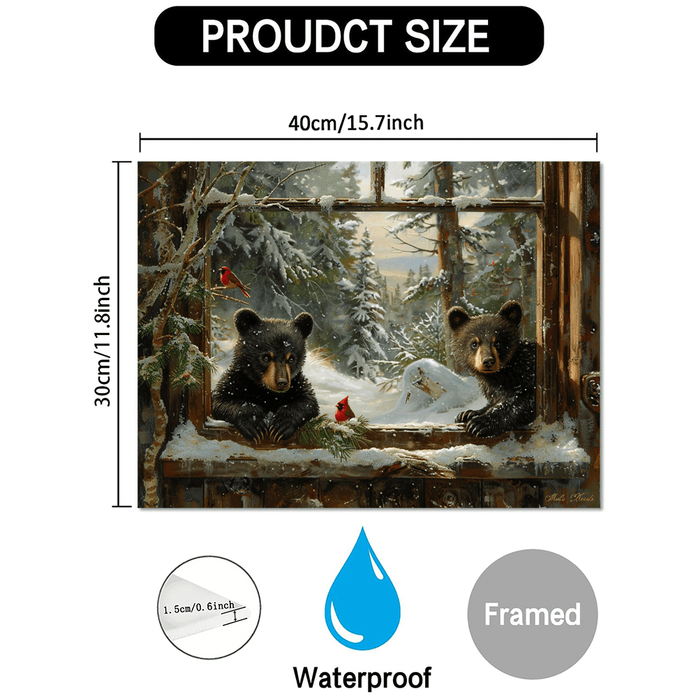 TEMU Rustic Wooden Framed Canvas Painting, Black Bear Cubs By Window, Snowy Pine Trees & , 11.8x15.7 Inches, Festive Wall Art For Living Room,