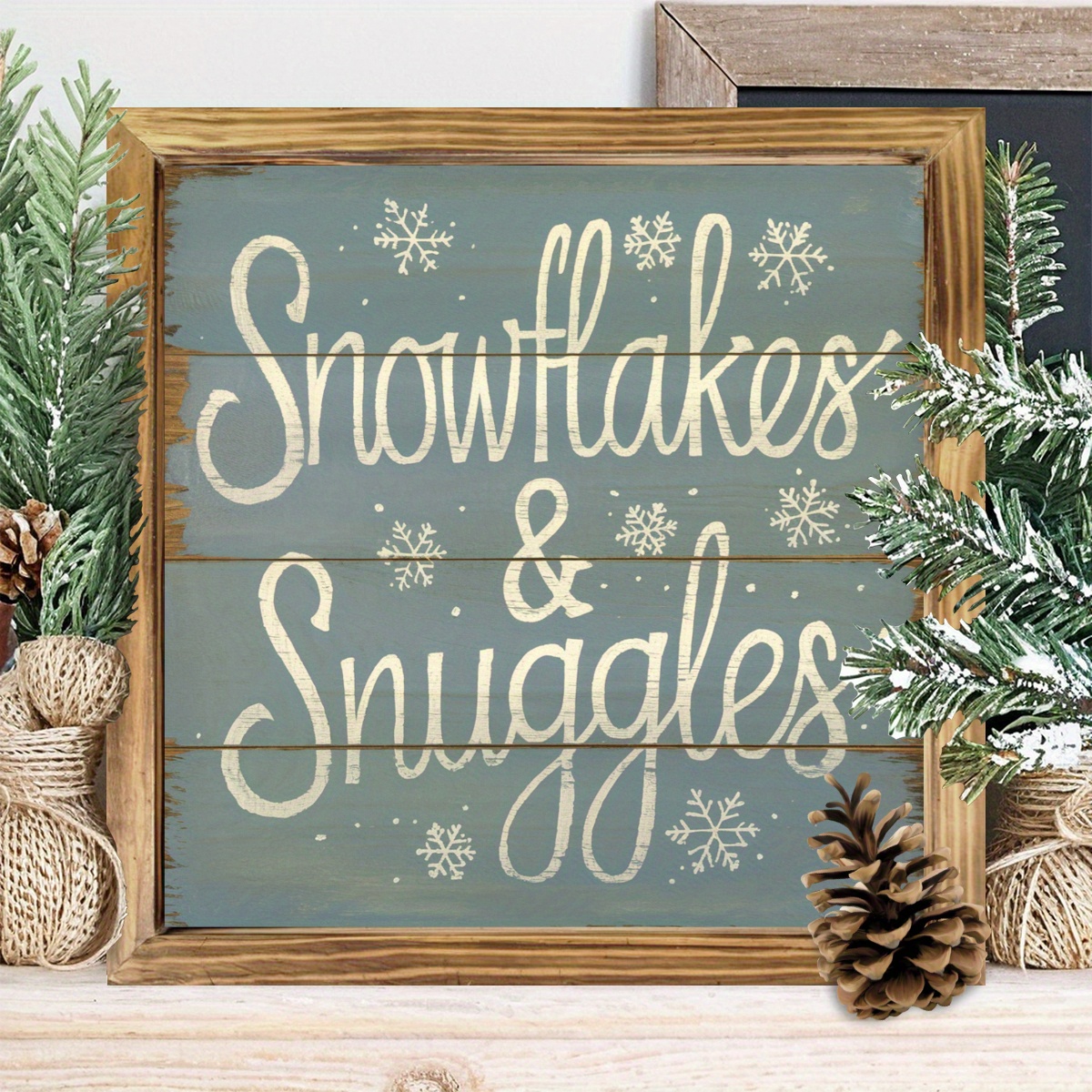 TEMU 1pc Americana Style "Snowflakes & Snuggles" Signe en bois - 8x8 pouces Art mural rustique pour ferme, plaque en bois polyvalente, idéale , , , à