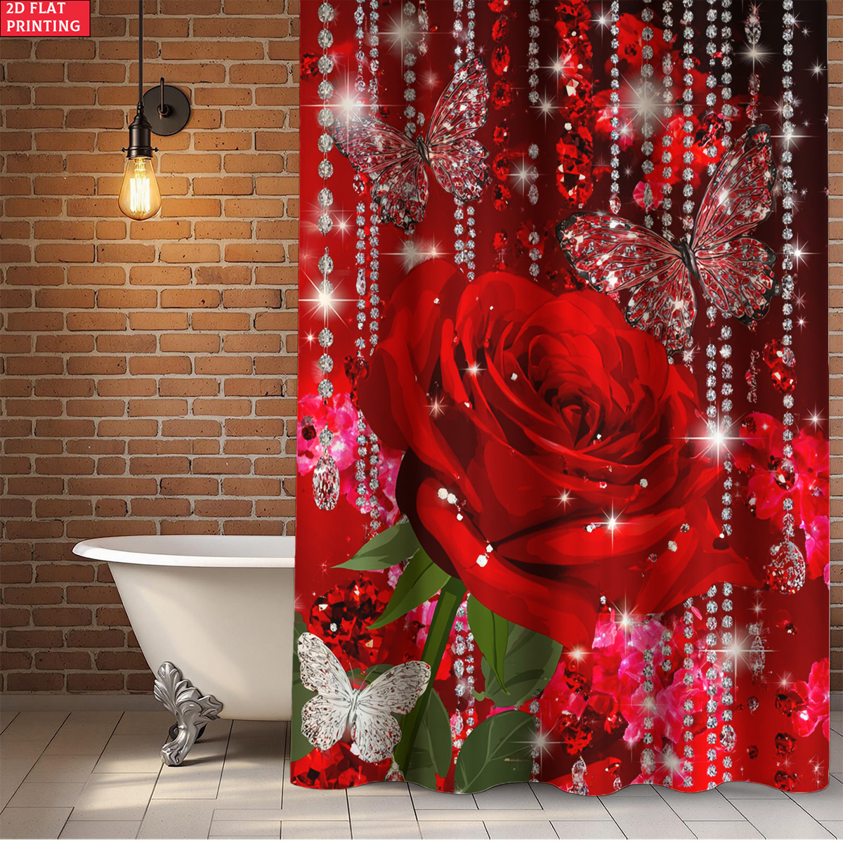 TEMU 2D Flach, 2D Flach, 1 Stück Funkelnde Rote Rose 2D Flachmuster Duschvorhang Set, Duschvorhang mit 6 Haken, Valentinstagsgeschenk für Liebende