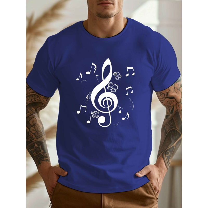 

Men' Note Treble Clef Print T-shirt, Casual Crew Neck Short Sleeve Tee, 100% Polyester Knit Fabric, Stretch, Summer Lightweight Top, Regular Fit - Black