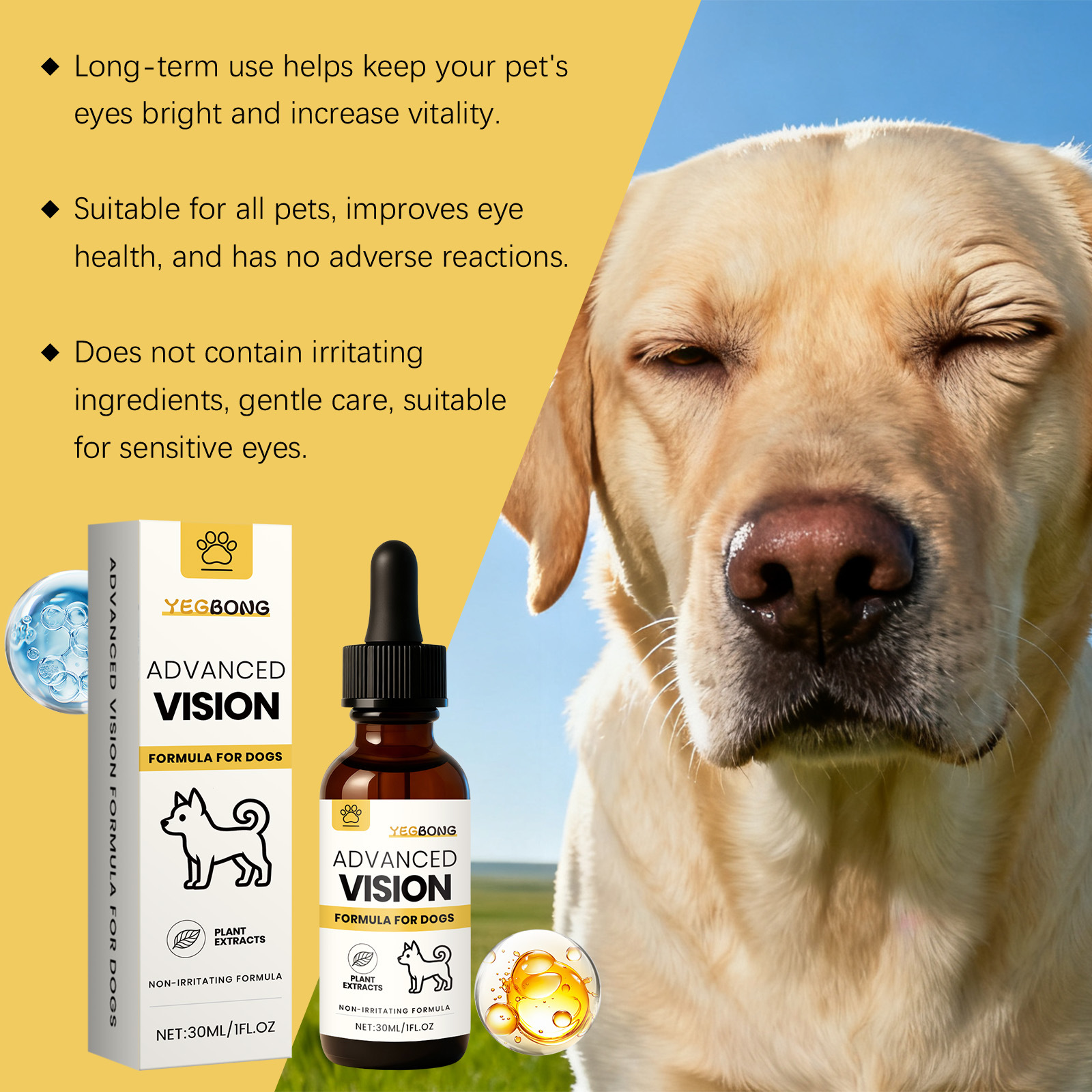 YEGBONG Advanced Vision Formula for Dogs, Improve Eye Clarity, Plant Extracts Eye Care Drops, Non-Irritating Gentle Formula, Supports Canine Eye Health & Visual Function, Daily Eye Care for All Dog Breeds, 30ML/1FL.OZ