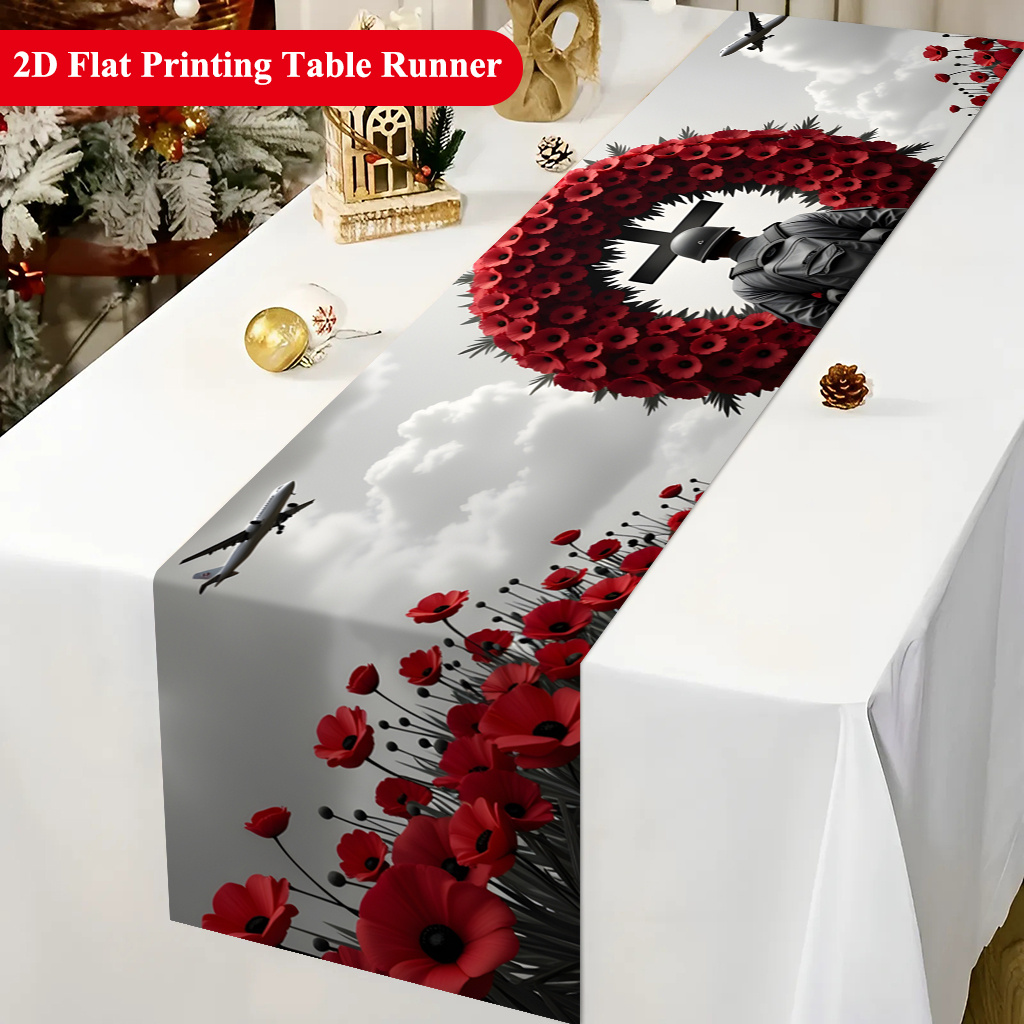 TEMU 1 chemin de table plat 2D, chemin de table en polyester avec fleur de coquelicot rouge, hommage aux , nappe de fête festive, chemin de table en