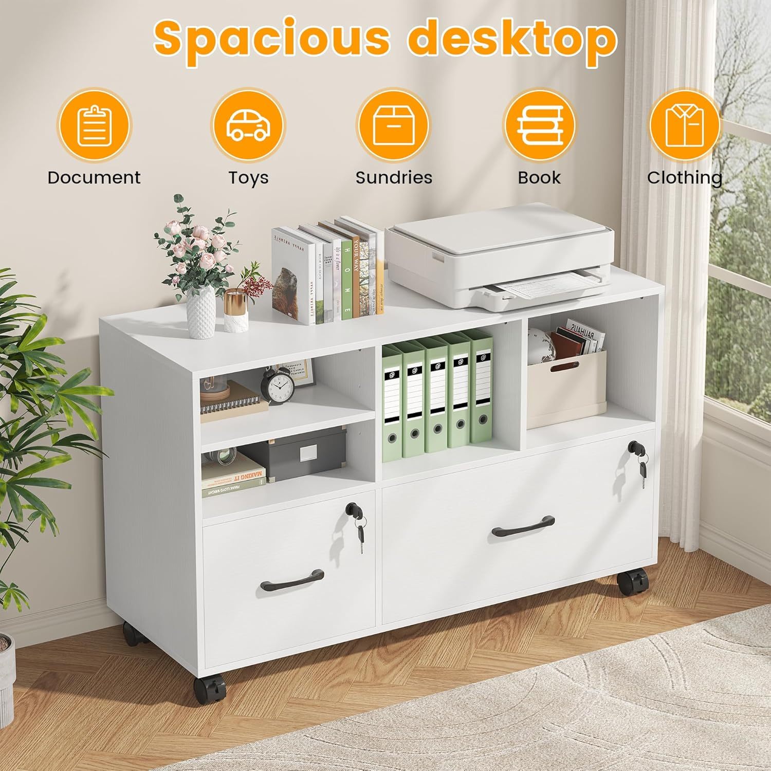 2 Drawer Wood Mobile Large Lateral File Cabinet with Lock, Lockable Rolling Filing Cabinet with Storage Shelves, Printer Stand Office Storage Cabinet for Home Office Fits Files Legal/A4, White