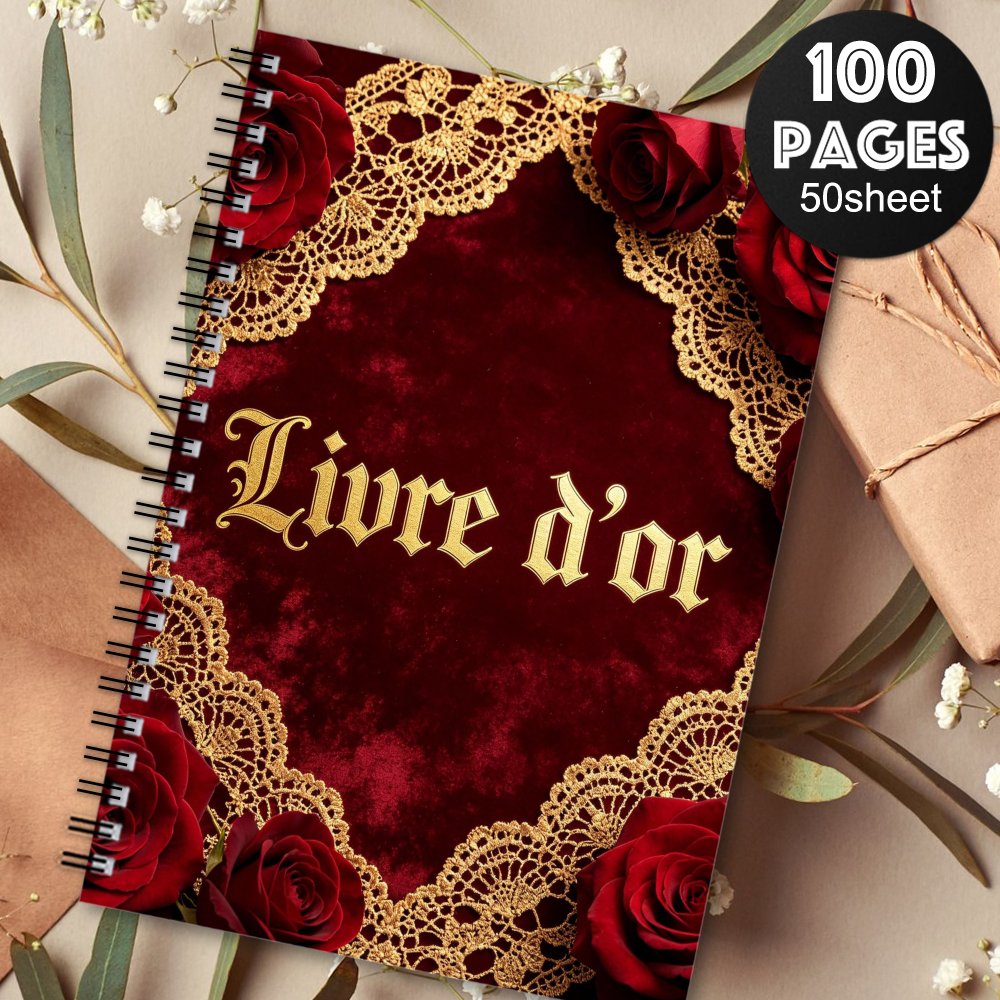 TEMU 1pc 'or à spirale français, élégant album souvenir de 'or en velours avec dentelle dorée et décor de roses rouges pour mariage, anniversaire,