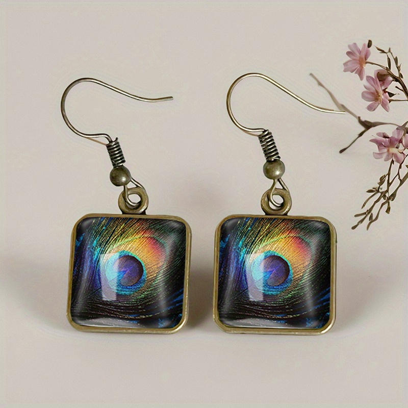 Vintage Square Earrings with Peacock Feather Design