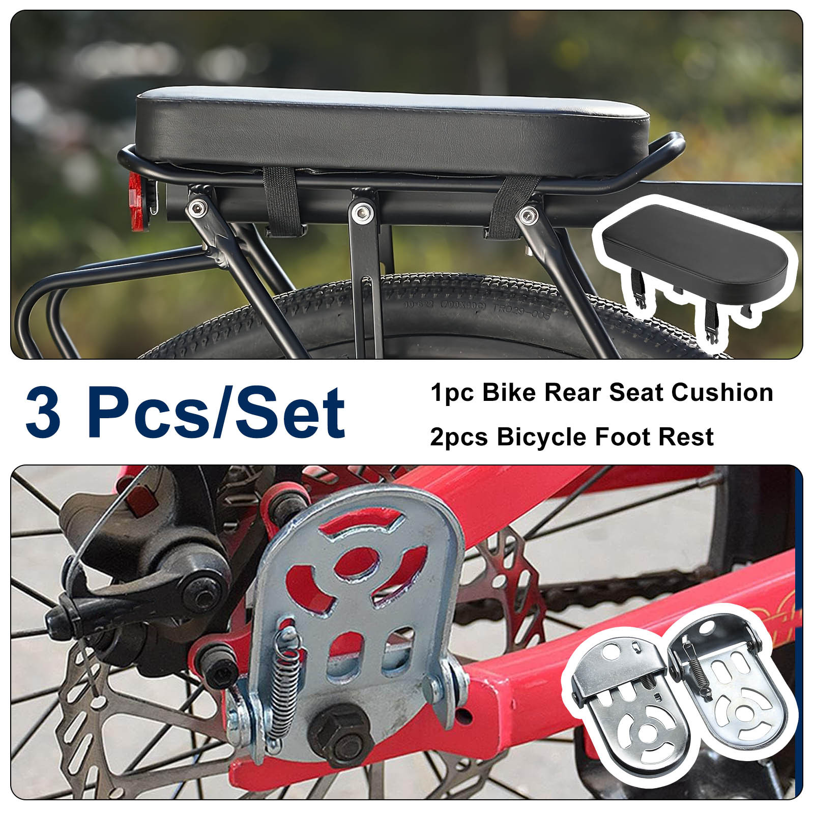 TEMU 3pcs Set (1pc Rear Bike Cushion And 2pcs Bike Pedals), Pad, Thickened Rear Bike Cushion, Soft And Comfortable Design, Sturdy Rear Rack With