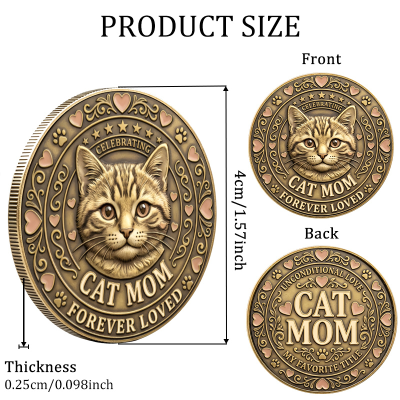 TEMU Replica Coin Cat Mom Coin - Double-sided Cat Mom & Kitten Token Suitable For Cat Owners, Collectors Gift, 1.57inch Round Commemorative Medal For