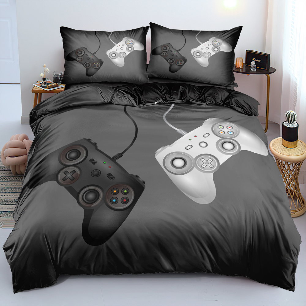 2/3pcs 3d Print Black White Game Controller Duvet Cover Set Gray Base Design Bedding Minimalist Gaming Comforter Cover Set (size 135x200 Only 1 Pillowcase)