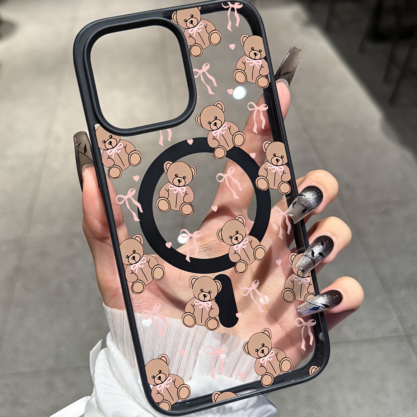 TEMU Phone Case: Cute Teddy Bear Bow Pattern Transparent Acrylic Black Border Magnetic Phone Case, Compatible With 17 16 15 14 13 12 11 X Xr Xs Max