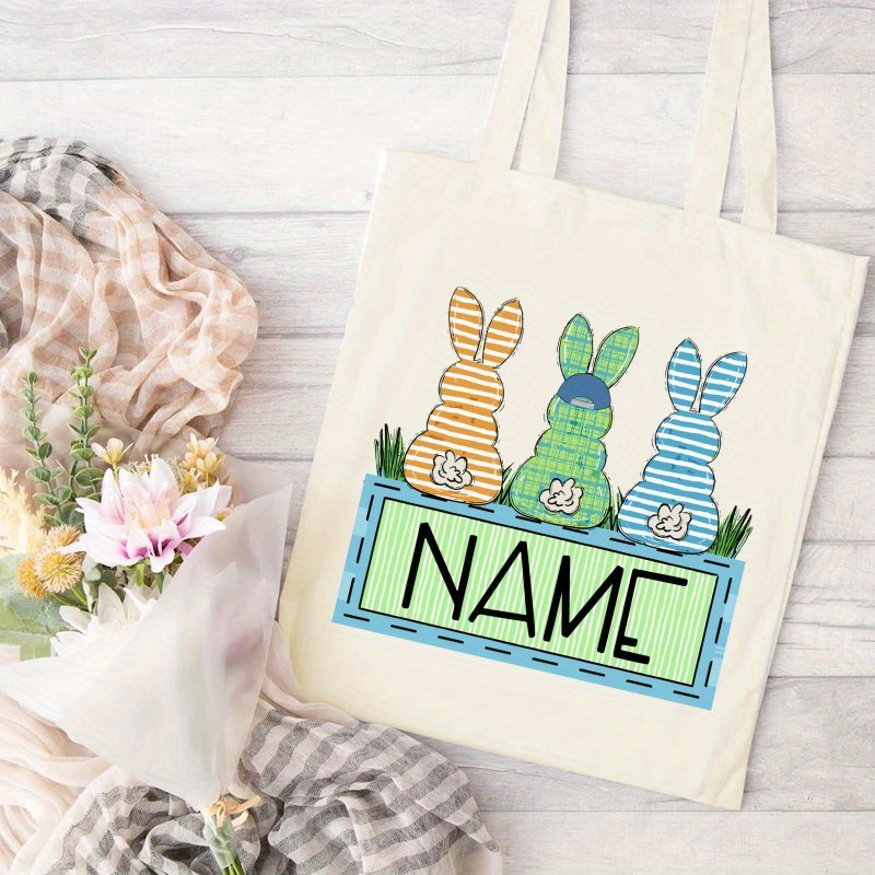 Custom Easter Bunny Name Tote Bag - Personalized Canvas Shoulder Bag With Colorful Bunny Designs, Ideal Gift For Birthday Celebrations, Bunny Accessories