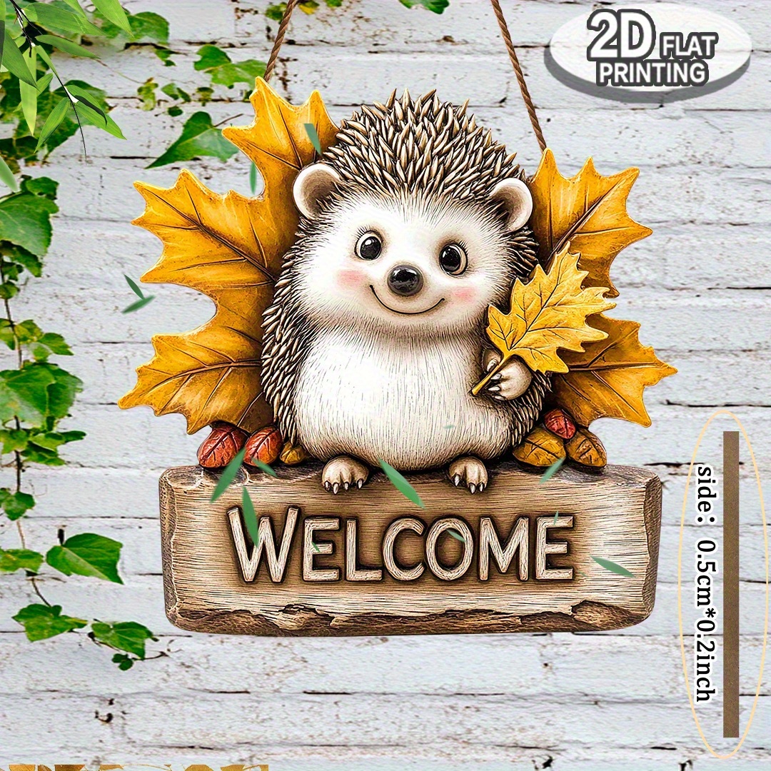 TEMU 2d Flat, 2d Flat Halloween Christmas Cute Hedgehog Welcome Sign - Large Size 25x25cm Flat Made Wooden Wall Decor With And Chestnuts, Perfect For