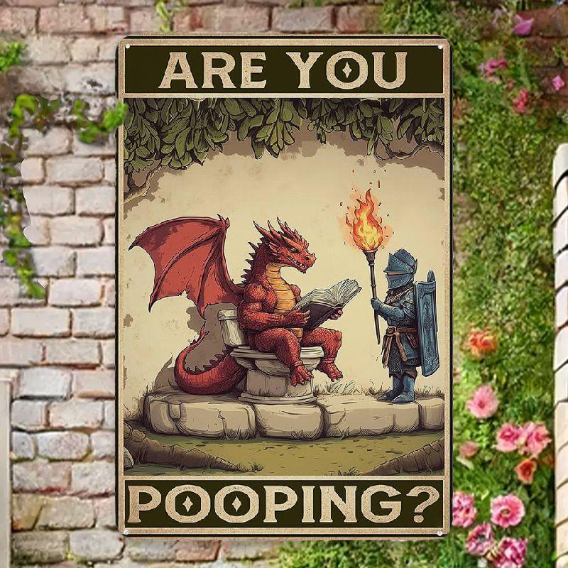 TEMU Whimsical Metal Sign: Are You A Pooping Dragon? - 12x8 Inch Art For Your Bathroom, Bar, Garden, Or Home - Features A Humorous Illustration Of A Dragon And Knight - A Rustic Gift Idea For