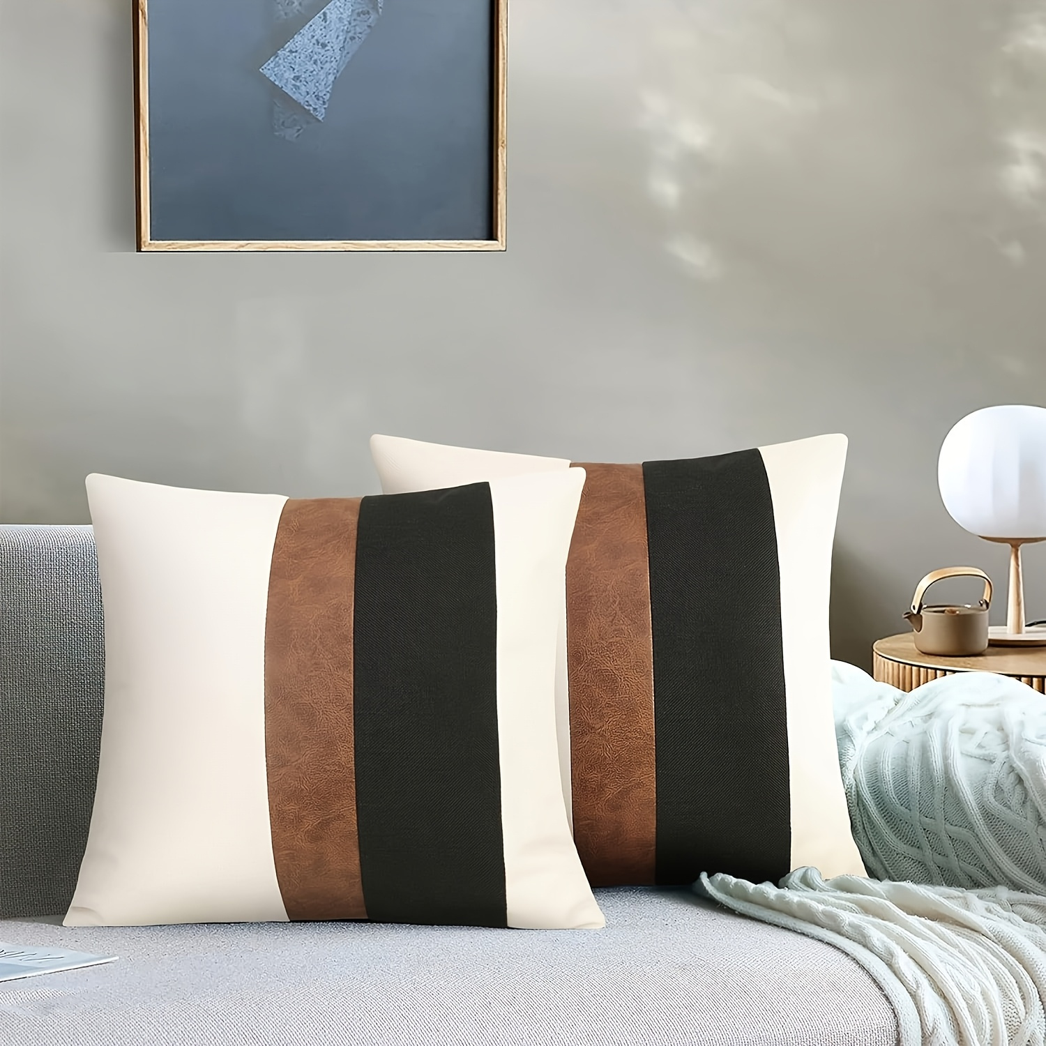 TEMU 2pcs 18x18 Inch Square Decorative Pillow Covers - Black And White Striped Faux Leather And Linen-look Fabric, Hypoallergenic Machine-washable
