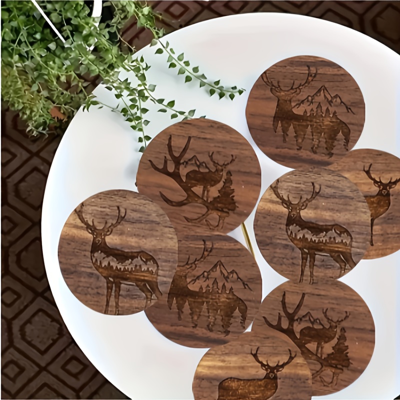 TEMU 8pcs Natural Wood Coaster Set Suitable For Decor - Heat-resistant Non-slip Table Protectors With Deer & , Coasters For Plates/cups, Wood Pads,