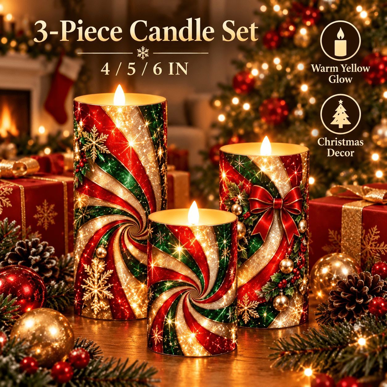 TEMU Candles With Flameless 3pcs Set, 4/5/6 Inch Warm Yellow Glow, Christmas Swirl Print, Festive Tabletop Accent, Cozy Holiday Ambiance, Battery