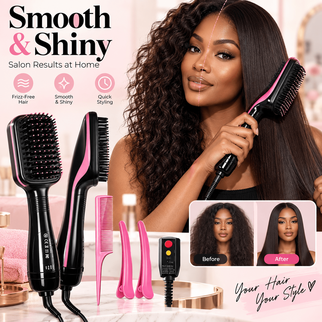 TEMU 4 In 1 Hair Straightener Brush, Styler For Straightening, Curling, Volumizing And Drying, Professional Hair Blowout Tool With 2 Hair Clips And