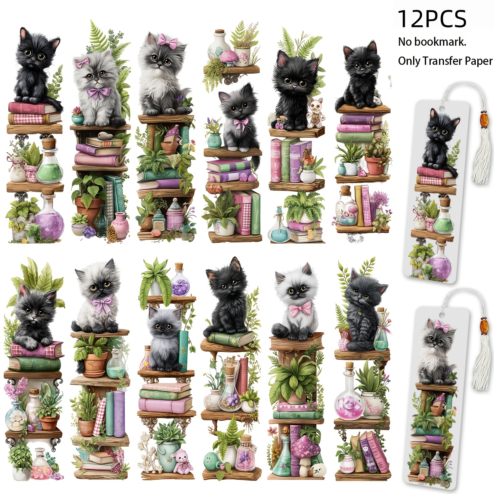 TEMU Lot de 12 autocollants de transfert UV DTF de chats mignons sur une étagère — pour la décoration de marque-pages, également applicables de sur