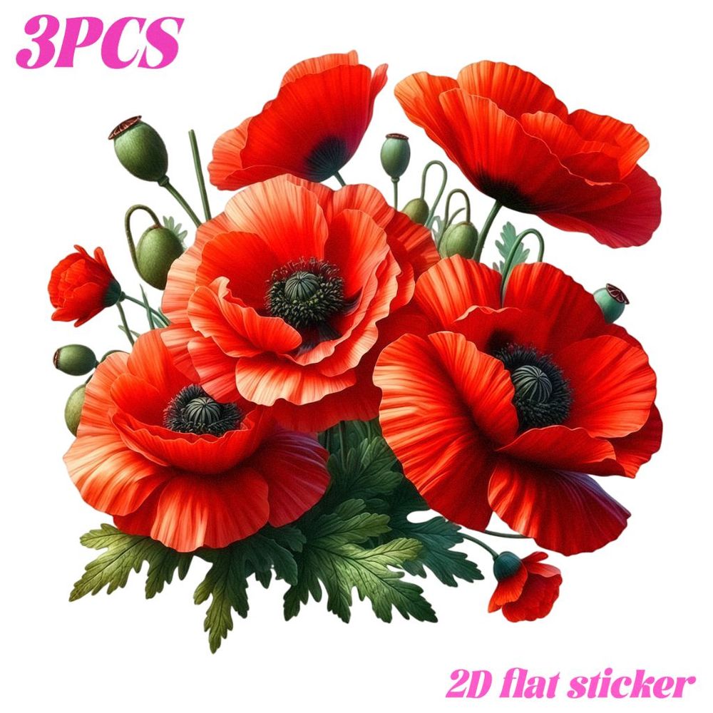 TEMU 3pcs 2d Flat Heat Transfer Stickers Compatible For Iron-on Transfers Heat Transfer Stickers Heat Press Appliques Red Poppy Flower Patches Fabric