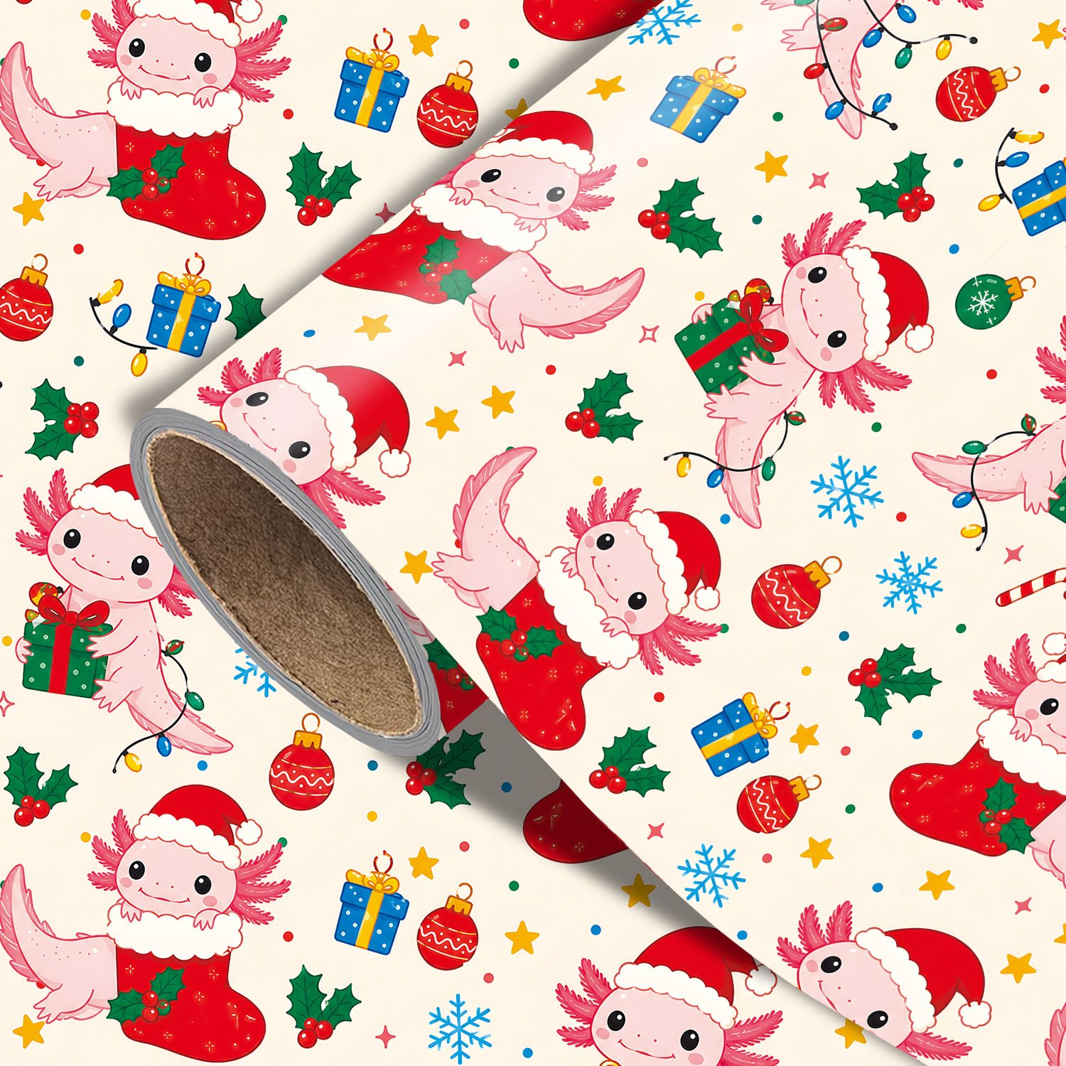 TEMU 1 Rolle Weißes Weihnachtsgeschenkpapier, 17.7In X 118In, Niedliches Axolotl Weihnachtsgeschenkpapier mit Weihnachtsstrümpfen, Geschenkboxen, ,