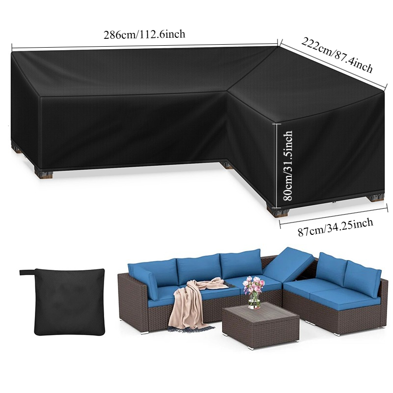 Image of L Shaped Outdoor Furniture Cover, 420d Heavy Duty Oxford Cloth Patio L-sofa Protector, All Weather Windproof Uv Dust Resistant Garden L Couch Cover Black