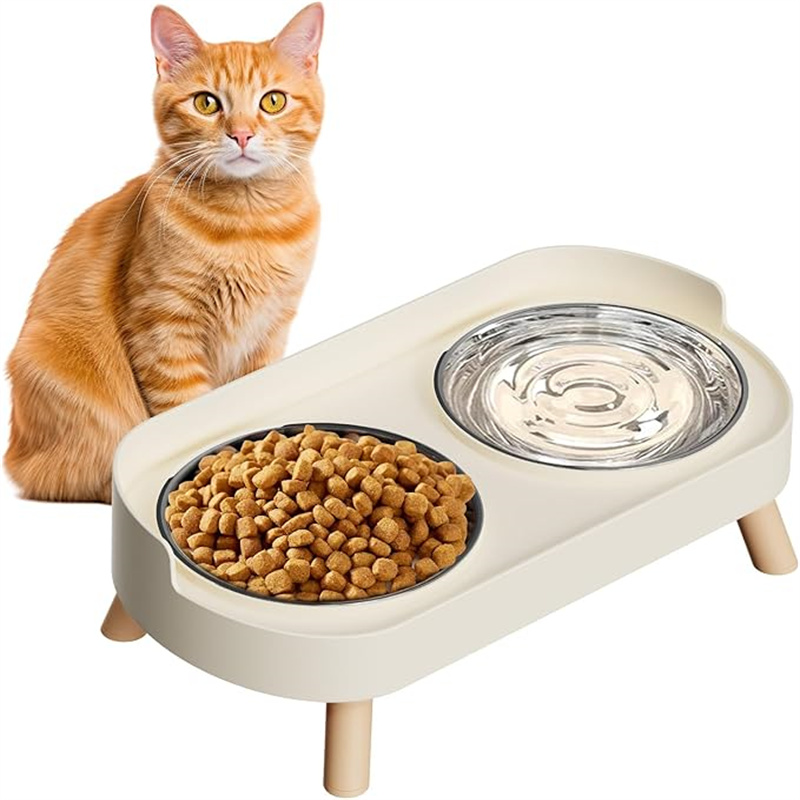[Elevated Pet Bowls] 1Set Elevated Pet Bowls Green/ White, Plastic/ Stainless Steel Dishes, Prevents Whisker , Ideal for Dogs Indoor Cats Food & Water Feeding