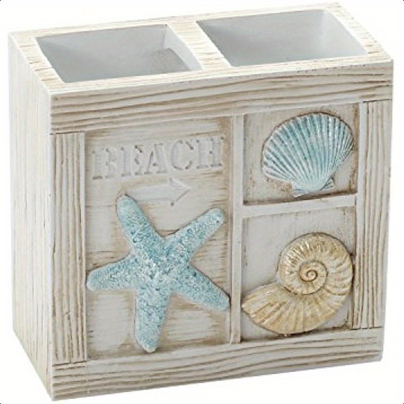 

[home ] Home Seaside Serenity Toothbrush Holder - Teal Ivory Resin, Beach-themed Design With Starfish And Seashells, To 4 Brushes, Freestanding Bathroom Organizer