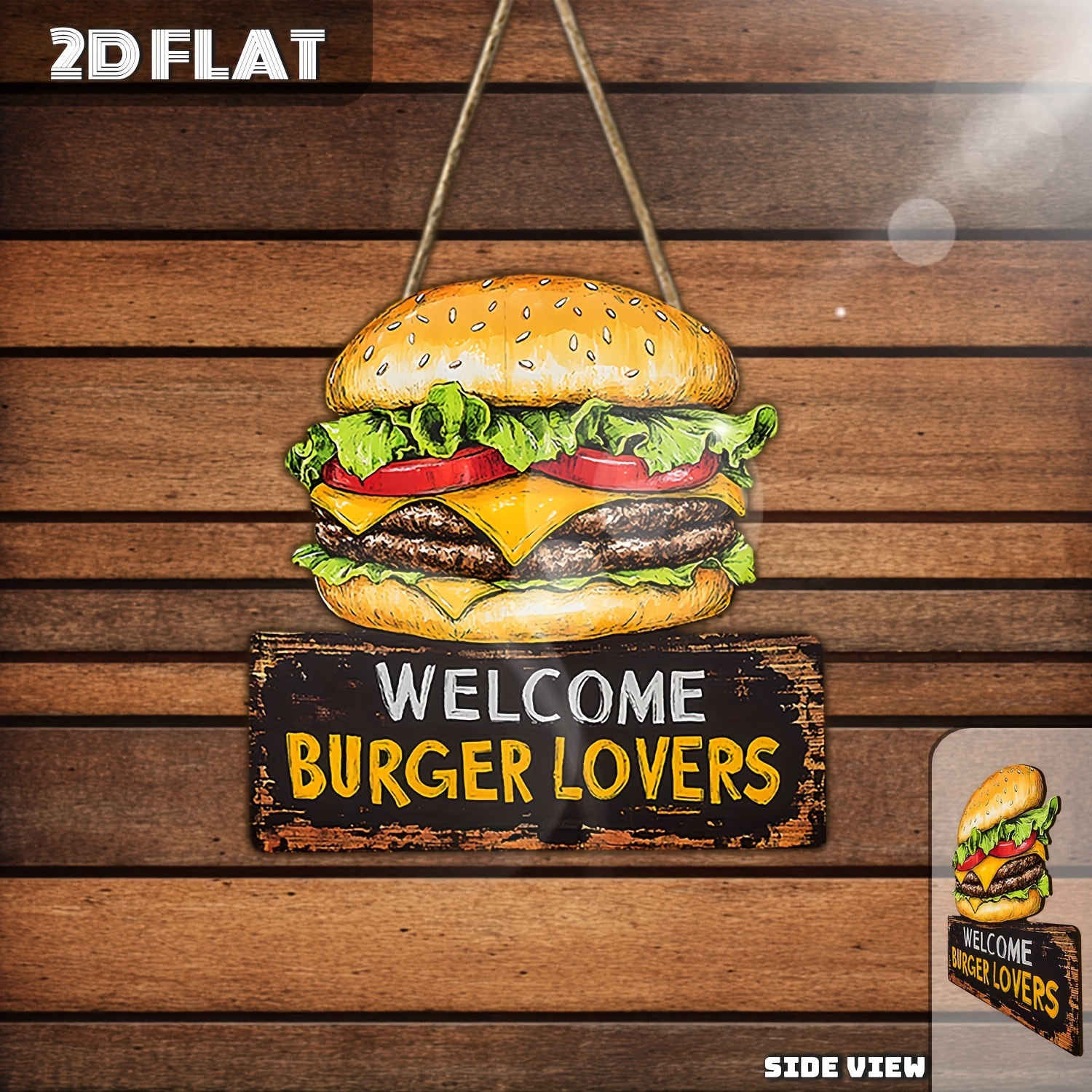 TEMU 2d Flat, 2d Flat Wooden Printed "hamburger Welcome" Wooden Sign, 1pc, Outdoor Hanging Ornament And Wall Art, Hamburger Wood Sign, Wall Decor,