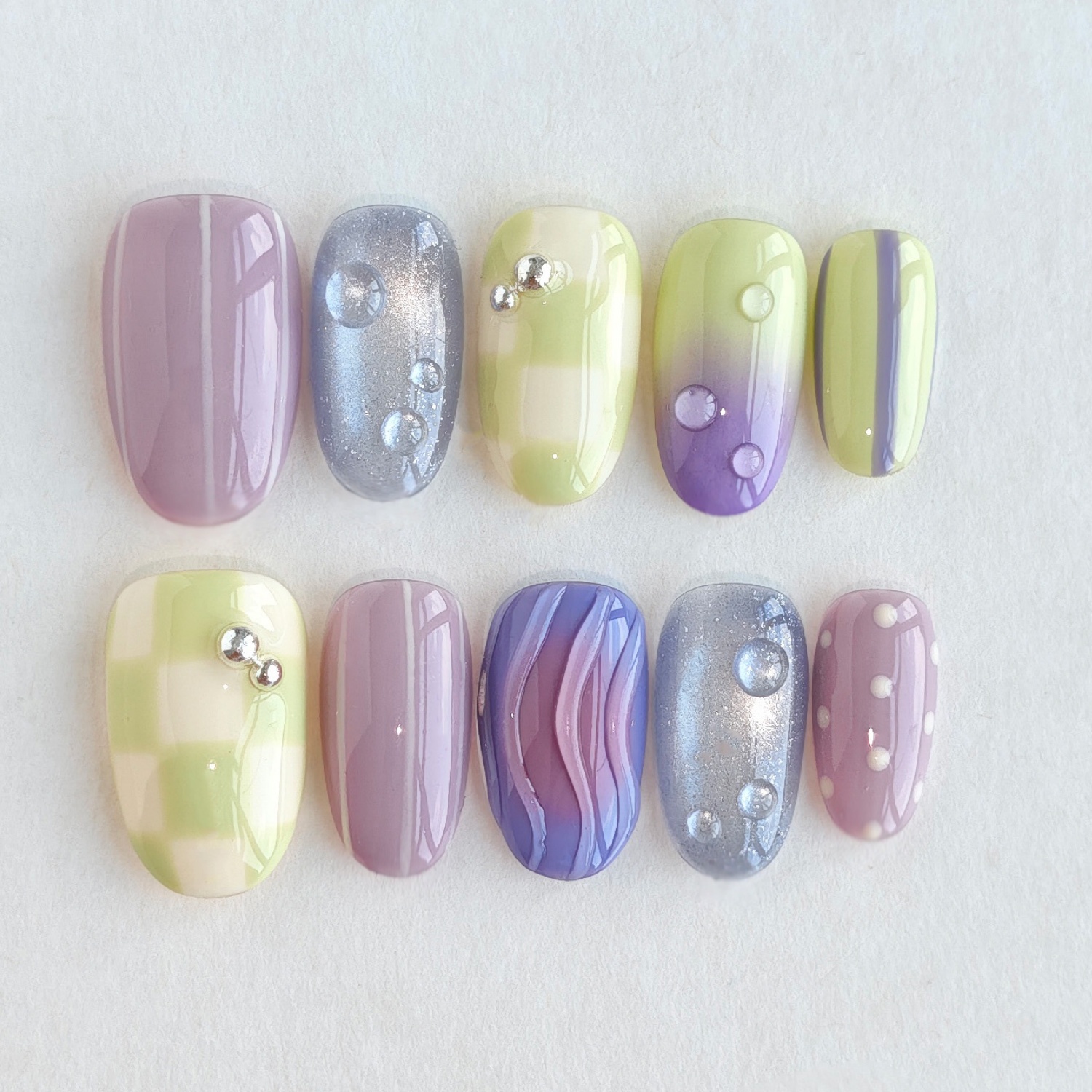TEMU Handmade Press-on Nails 10pcs, New Short Oval Taro Purple Color Block Water Drop Rhinestone Nails, Sweet Style, Suitable For Spring , Amusement