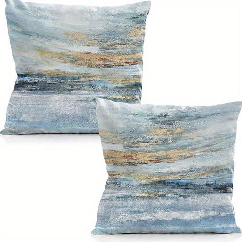 2 abstract navy and golden decorative pillows polyester zipper closure machine washable 16x16 18x18 sofa throw pillows with zippered pillowcase