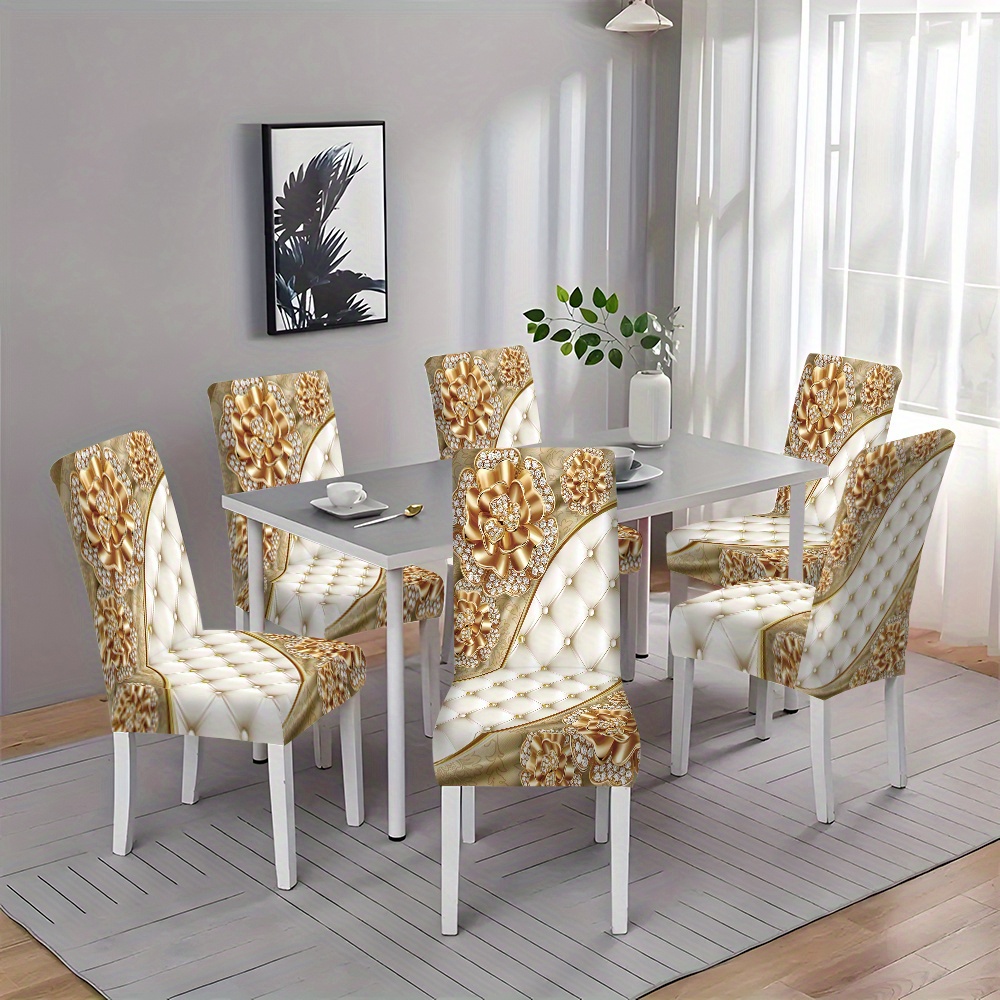 

2/4/6pcs Stretch Print Chair Covers, Polyester Fabric, Hand Wash Only, Digital Printing, 120-140g Square Gram Weight, One-piece Slipcover For Dining Room, Living Room, Kitchen Decor