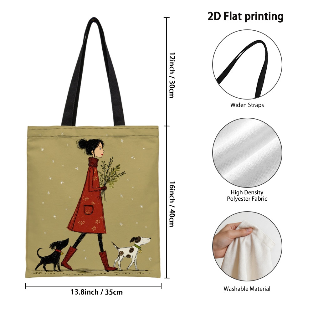 TEMU 1pc Stylish With Dogs Design Canvas Tote Bag, Vibrant 2d Printed Reusable Grocery Bags, Spacious Shoulder Handbag For Work, Shopping And Holiday