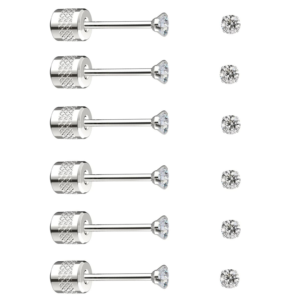 E-shop 6 Paar Hypoallergene Ohrringe für Frauen Männer, Kubisches Synthetischer Zirkonia Silberfarbener Stecker-Set aus 304 Edelstahl für Knorpelohren