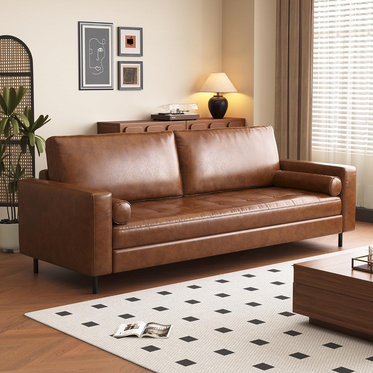 80 31   century modern faux leather 3 seater sofa couch with sturdy metal legs solid wood frame for living room apartment brown