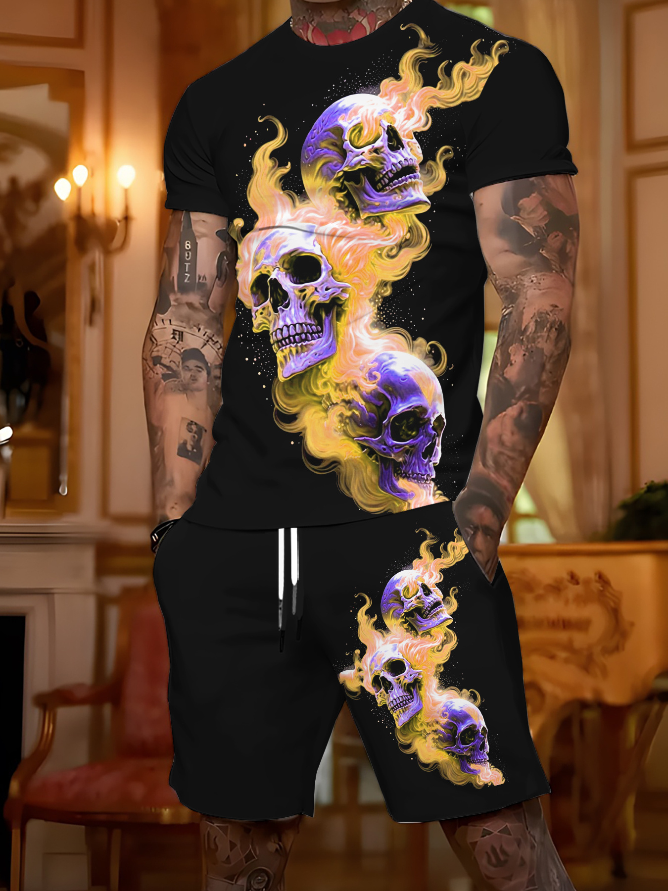 item picture fluorescent   skull 3d print short sleeve and shorts 2pcs set mens casual sportswear