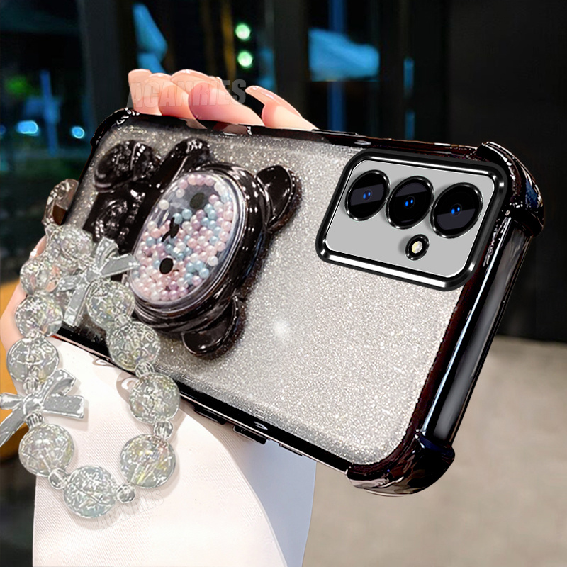 TEMU Phone Case - Acanries Luxury Star Bead Wrist Strap Chain Lanyard With Cute Quicksand Bead Bear Folding Stand Holder And Plating Gradient Glitter