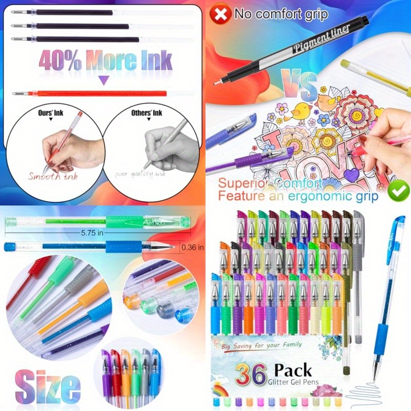 

36 Colors Glitter Gel Pens Set For Adult Coloring Books Colored Markers With Extra Ink For Drawing Doodling Crafts And Notes