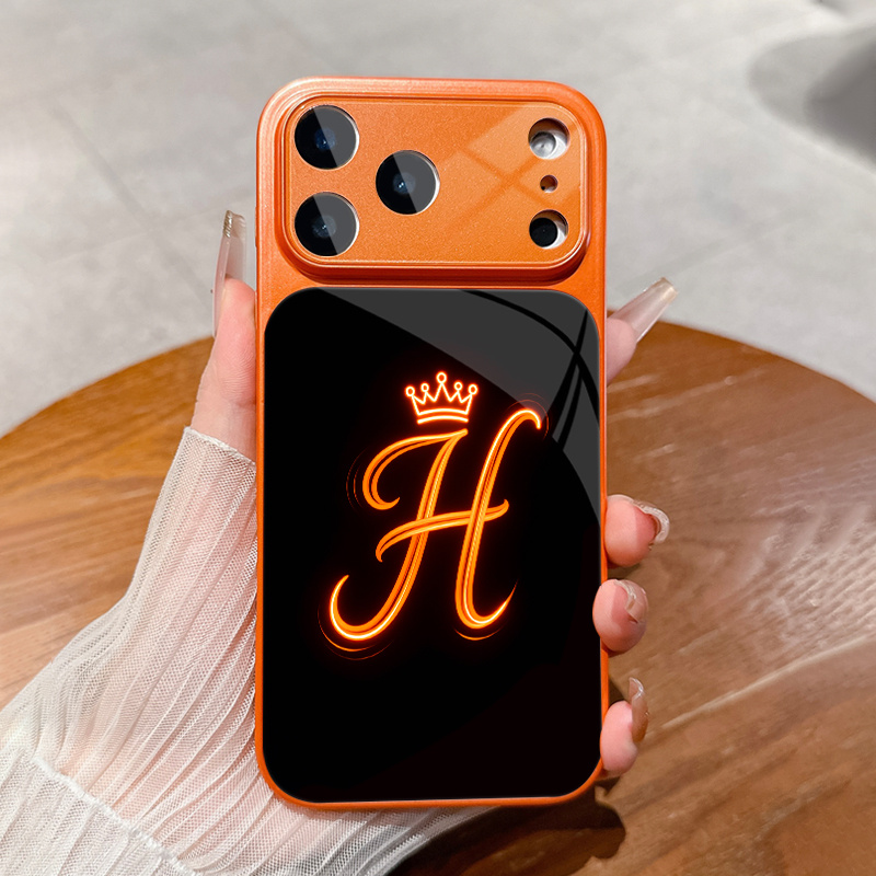 TEMU Phone Case - Neon Crown Letter H Design, Premium Individual Aesthetic Pattern Large Window Glass Phone Case For Iphone