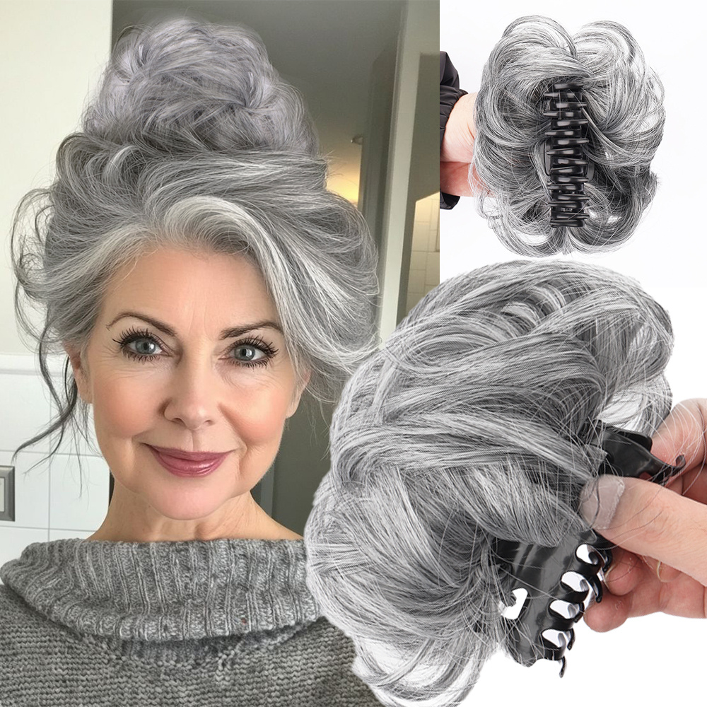 TEMU Gray Claw Clip Bun Curly Puff Bun Ponytail Synthetic Fiber Wig Volume Increasing Women's Wig