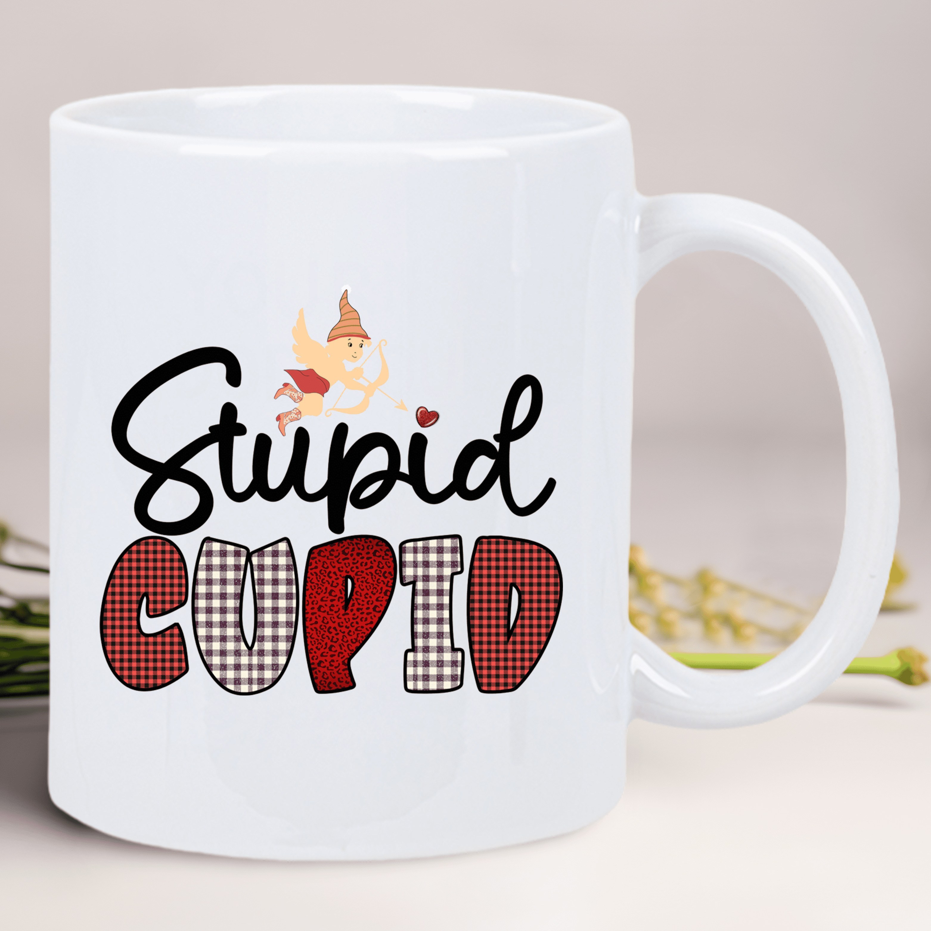 stupid cupid ceramic coffee mug reusable hand wash   with red black gnome design perfect gift for   men women   mug whimsical cupid theme reusable mug details 4
