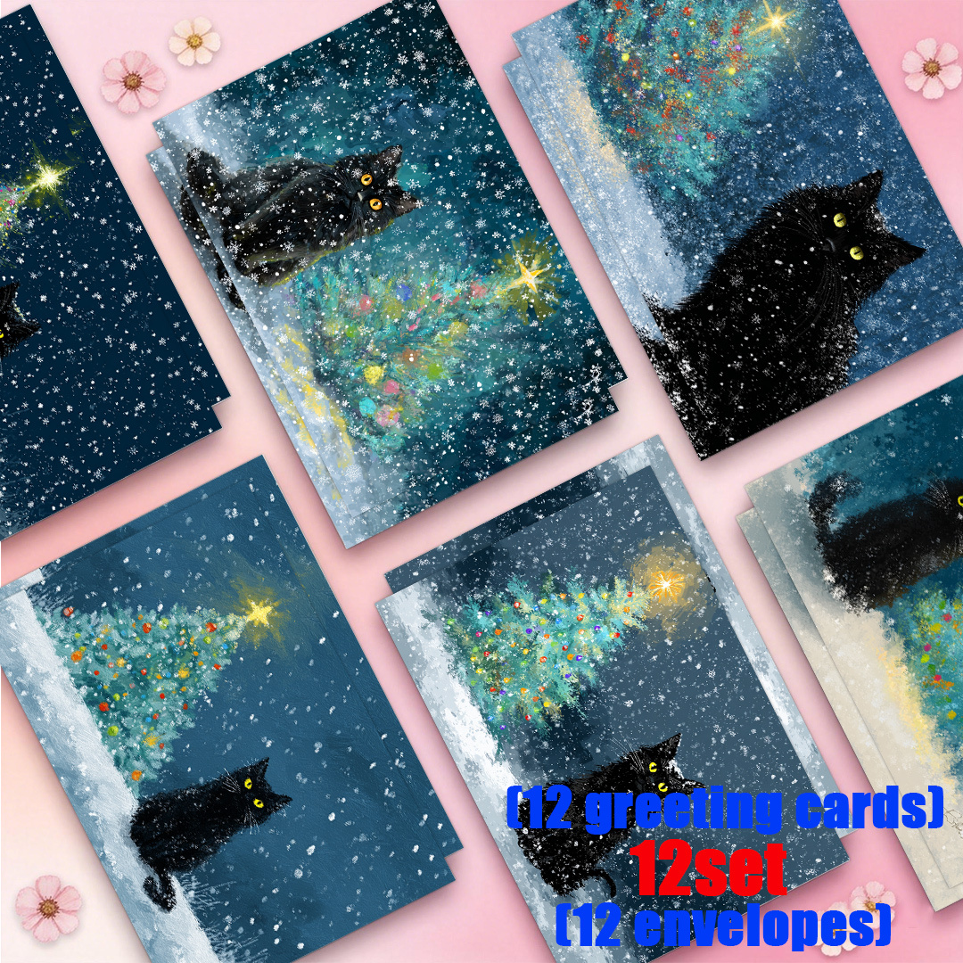 TEMU 6-pack/12-pack Factory Stock Direct Shipment Greeting Card/ Set - Black Cat, Christmas Tree, Snowflake, Night Sky, Starlight. Suitable For ,
