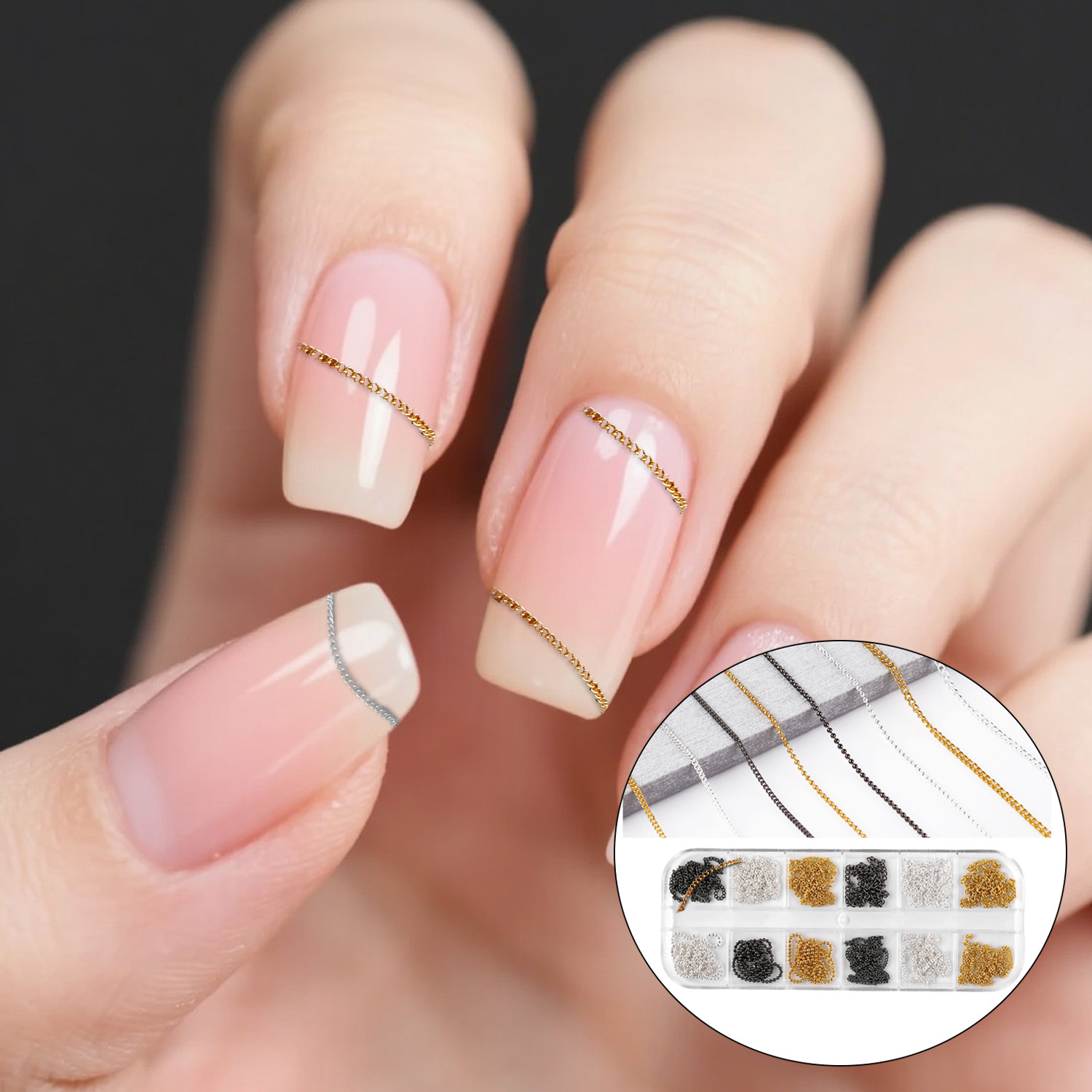 12pcs Metal Nail Art Chains, Golden Silvery Black Nail Chains With Box 3d Nail Decorations Charms Personality Nail Jewelry Nail Design Ornaments For Manicure