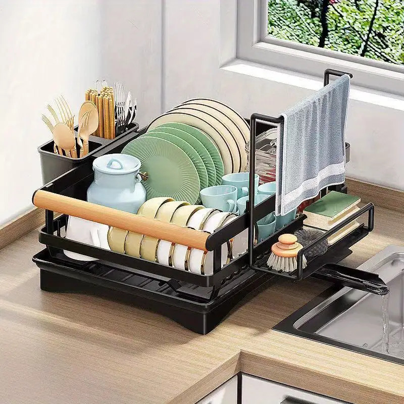 Organizador de escurridor de platos resistente para debajo del fregadero con sistema de drenaje - Caja de almacenamiento de cocina que ahorra espacio, drenaje anti-obstrucción, estantes de varios niveles para platos, tazones, tazas, utensilios - Organizador de gabinete fácil de limpiar para cocinas pequeñas - Negro moderno