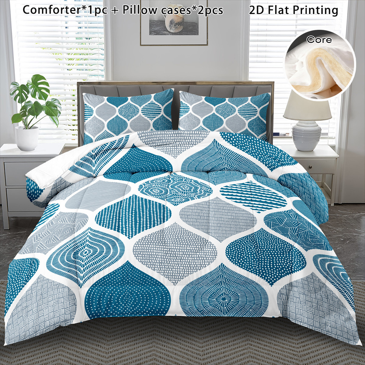 TEMU 3pcs Comforter Set For Winter Geometric Teal Comforter Set Cartoon Boho Soft Bedding Set Halloween Gift Quilt Cute Christmas Room Decor Autumn