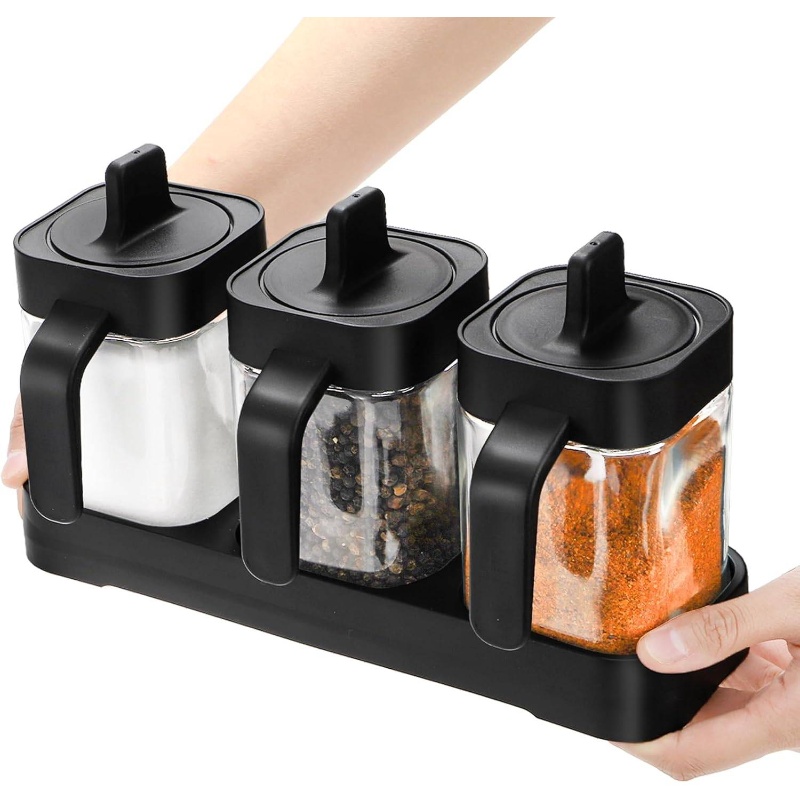 set of 3   condiment jars with lids & spoons - 13.5oz salt, pepper,   containers with tray, modern black kitchen pantry storage set, seasoning box for countertop organization Product details 4