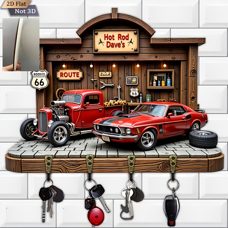 E-shop 2D Flacher Retro Auto Highway Schlüsselhaken, Multifunktionales Schlüsselbrett aus Holz, mit Vier Metallhaken, Wanddekoration, Veranda