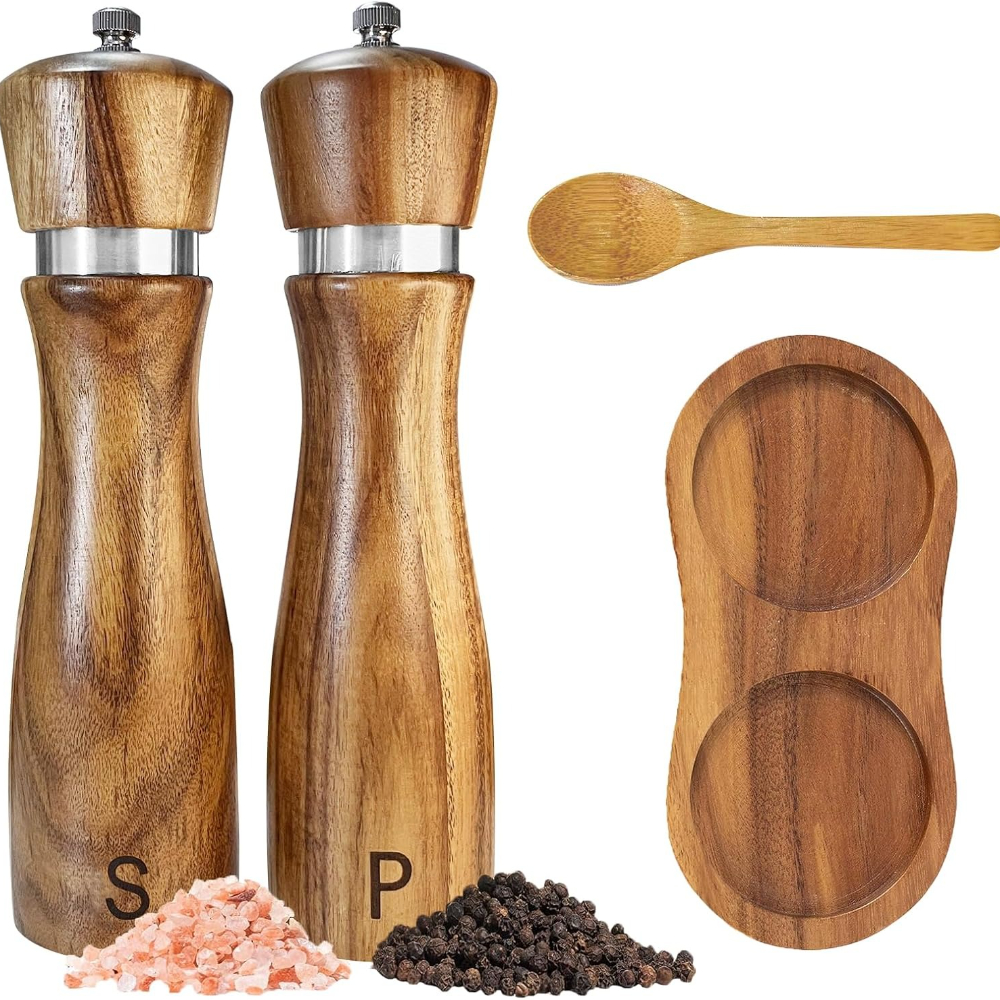 salt and pepper grinder set salt grinder refillable with wooden trays and spoon with adjustable salt and pepper mills for adjustable coarseness suitable for kitchens restaurants holiday gifts christmas gifts 4pcs Product details 5